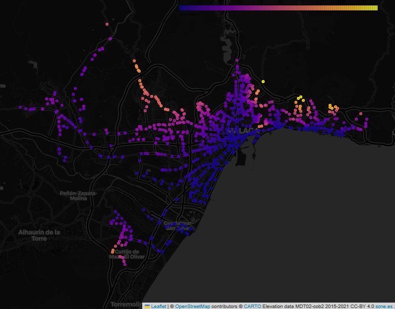Map of bus stops of the city of Malaga, colour coded to represent elevation