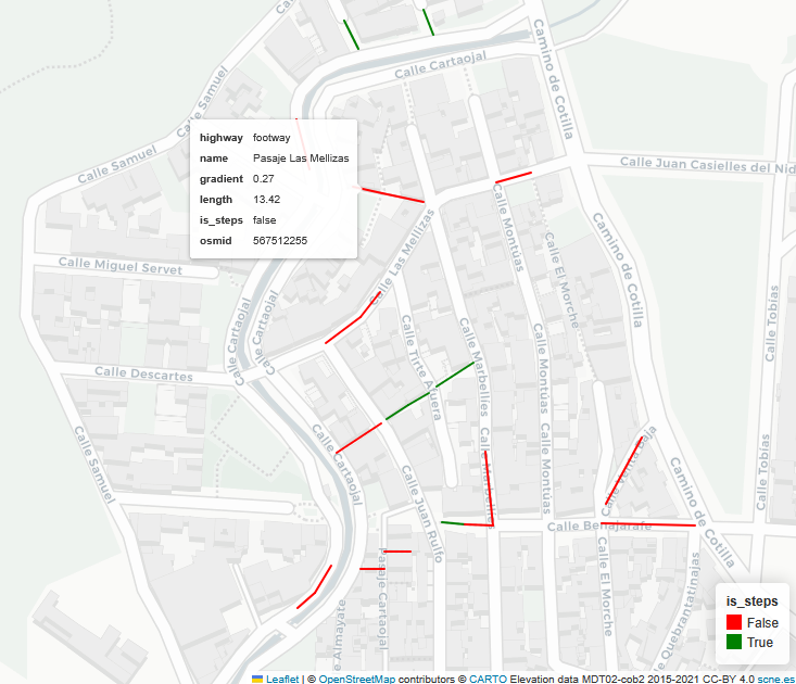 Map of the Maqueda barrio in Malaga, showing streets with steep gradients, on a dark background. Streets tagged with steps have a different colour to other highway types